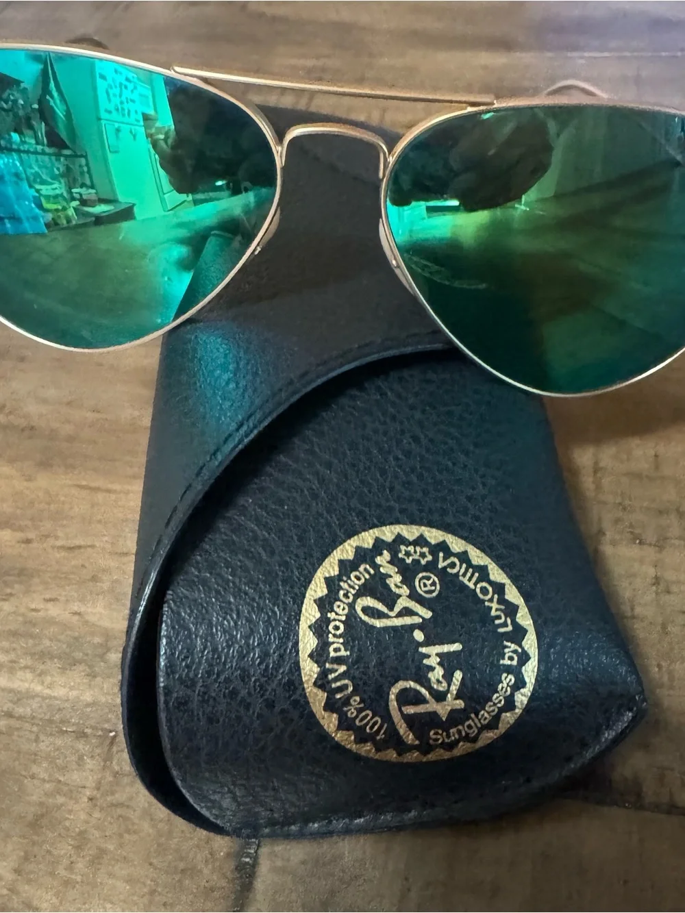 Ray-Ban Gold Frame Sunglasses with Green-Blue Mirrored Lenses